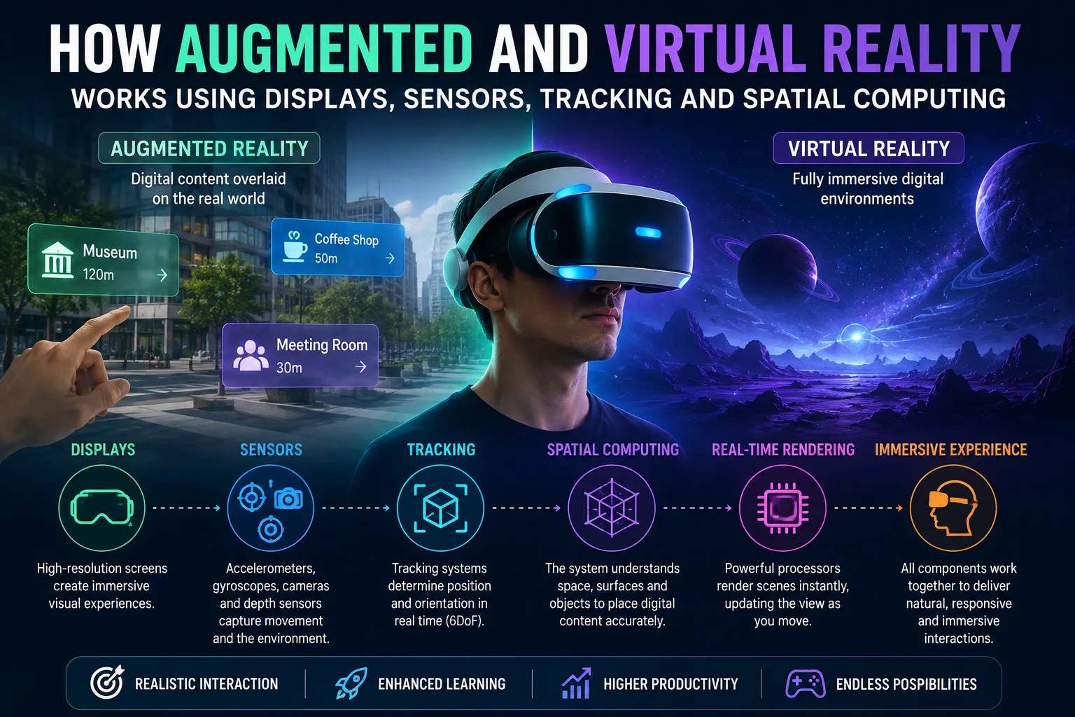 How Augmented and Virtual Reality Technology Works Using Displays, Sensors, Tracking and Spatial Computing